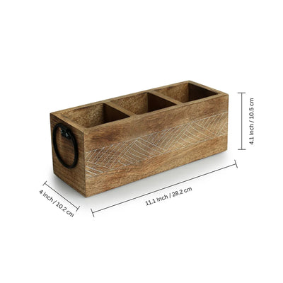 'Waved' Stationery & Cutlery Holder (3 Partitions, Mango Wood, Hand-Etched)