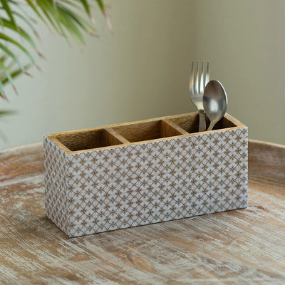 'Geometric Tales' Stationery & Cutlery Holder (3 Partitions, Mango Wood, Handcrafted)