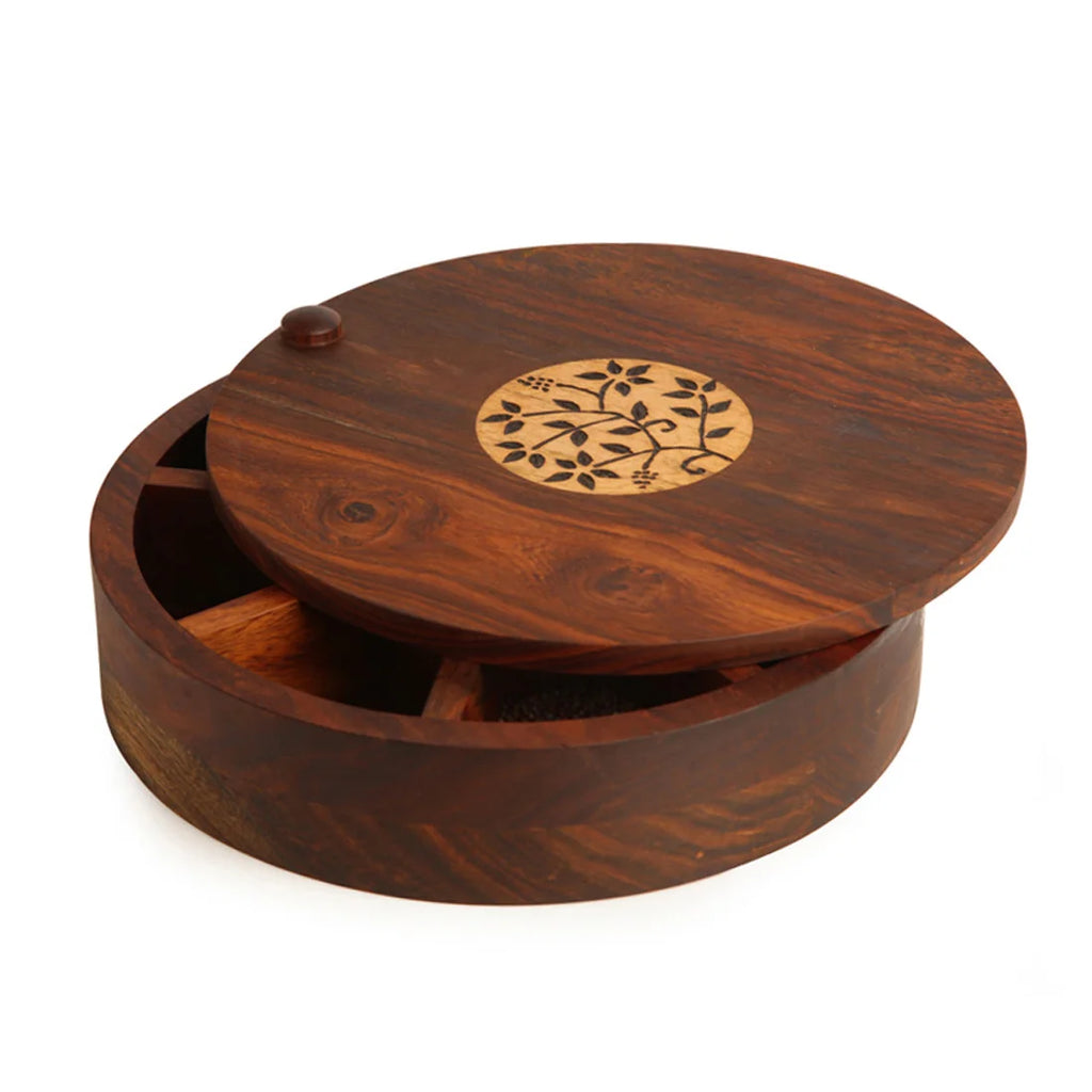 Spice Box With Floral Burnt Design In Sheeham Wood
