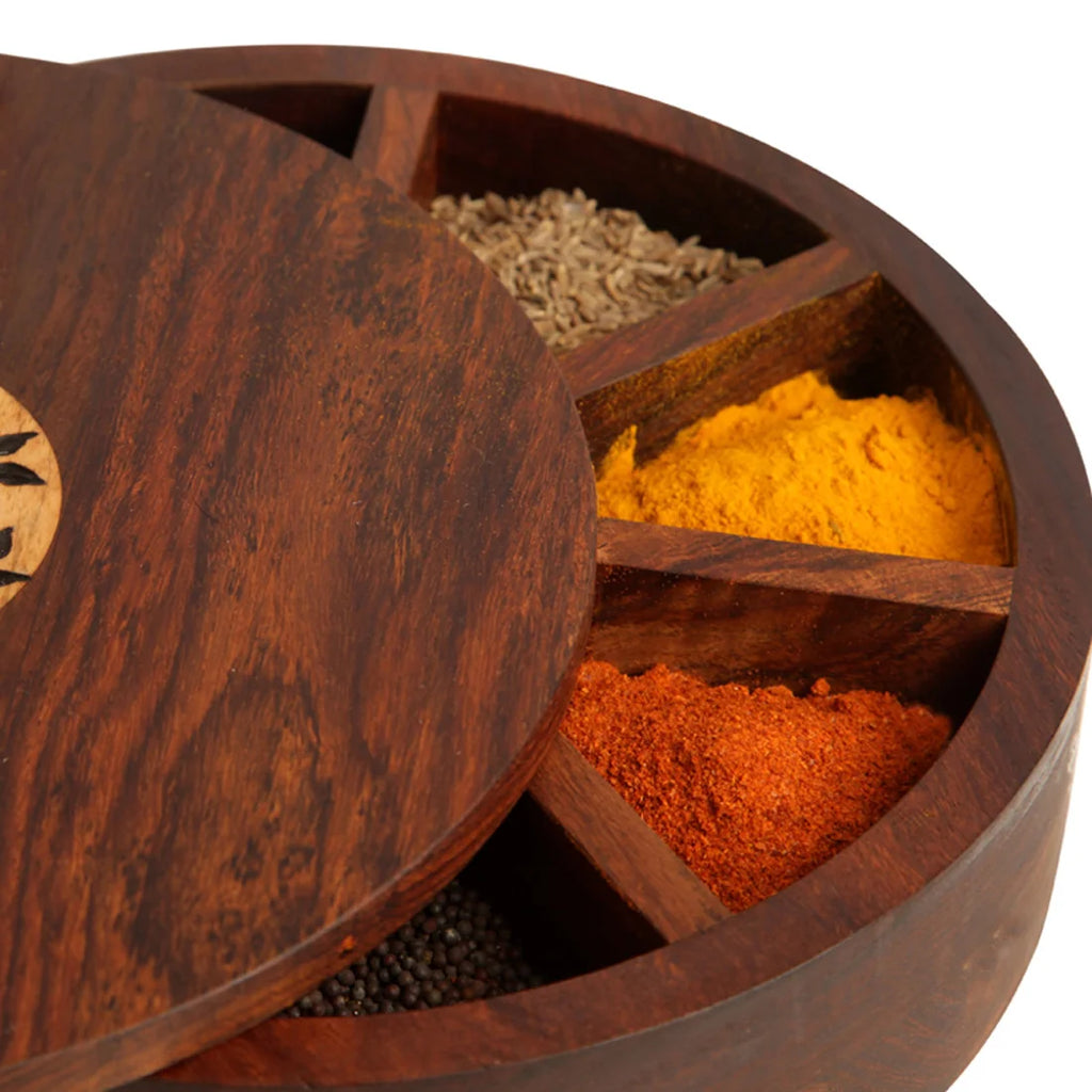 Spice Box With Floral Burnt Design In Sheeham Wood