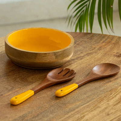 Honey Hive' Serving Salad Bowl With Salad Servers (20 cm, Mango Wood, Handenamelled)