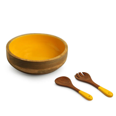 Honey Hive' Serving Salad Bowl With Salad Servers (20 cm, Mango Wood, Handenamelled)