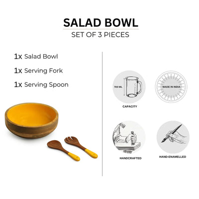 Honey Hive' Serving Salad Bowl With Salad Servers (20 cm, Mango Wood, Handenamelled)