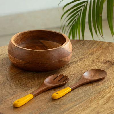 Elemental' Serving Salad Bowl With Salad Servers (20 cm, Acacia & Mango Wood, Handcrafted)