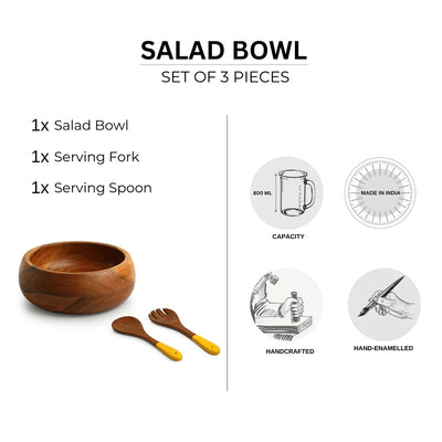 Elemental' Serving Salad Bowl With Salad Servers (20 cm, Acacia & Mango Wood, Handcrafted)