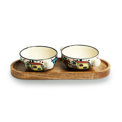 'The Hut' Hand-Painted Ceramic Serving Bowls With Wooden Tray (Set of 2, 260 ml)