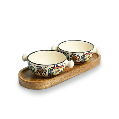 'The Hut' Hand-Painted Ceramic Serving Bowls With Wooden Tray (Set of 2, 260 ml)