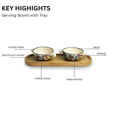 'The Hut' Hand-Painted Ceramic Serving Bowls With Wooden Tray (Set of 2, 260 ml)