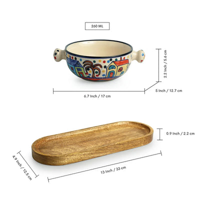 'The Hut' Hand-Painted Ceramic Serving Bowls With Wooden Tray (Set of 2, 260 ml)