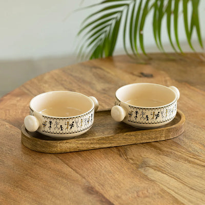 'Whispers of Warli' Hand-Painted Ceramic Serving Bowls With Wooden Tray (Set of 2, 400 ml)