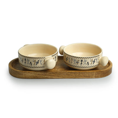 'Whispers of Warli' Hand-Painted Ceramic Serving Bowls With Wooden Tray (Set of 2, 400 ml)