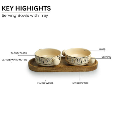 'Whispers of Warli' Hand-Painted Ceramic Serving Bowls With Wooden Tray (Set of 2, 400 ml)