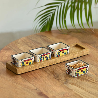 'The Hut' Hand-Painted Ceramic Chutney & Dip Bowls With Wooden Tray (Set of 4, 80 ml)