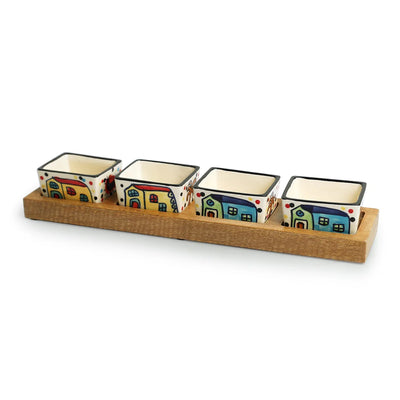 'The Hut' Hand-Painted Ceramic Chutney & Dip Bowls With Wooden Tray (Set of 4, 80 ml)