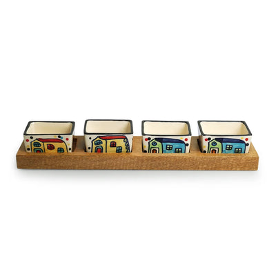 'The Hut' Hand-Painted Ceramic Chutney & Dip Bowls With Wooden Tray (Set of 4, 80 ml)