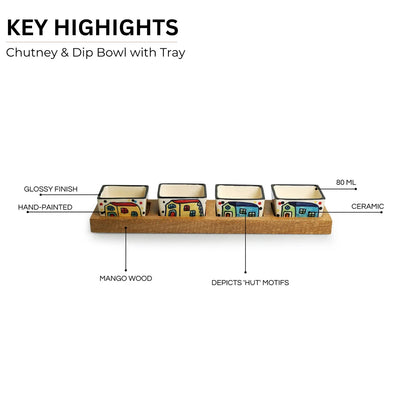 'The Hut' Hand-Painted Ceramic Chutney & Dip Bowls With Wooden Tray (Set of 4, 80 ml)