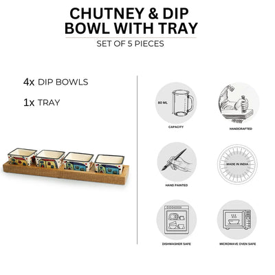 'The Hut' Hand-Painted Ceramic Chutney & Dip Bowls With Wooden Tray (Set of 4, 80 ml)