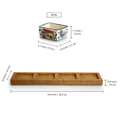 'The Hut' Hand-Painted Ceramic Chutney & Dip Bowls With Wooden Tray (Set of 4, 80 ml)