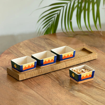 'Geometric Landscape' Hand-Painted Ceramic Chutney & Dip Bowls With Wooden Tray (Set of 4, 80 ml)