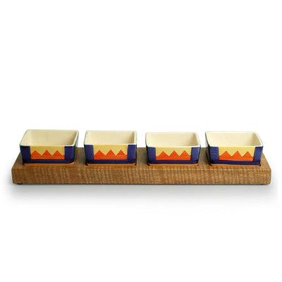 'Geometric Landscape' Hand-Painted Ceramic Chutney & Dip Bowls With Wooden Tray (Set of 4, 80 ml)