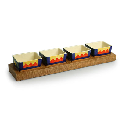 'Geometric Landscape' Hand-Painted Ceramic Chutney & Dip Bowls With Wooden Tray (Set of 4, 80 ml)