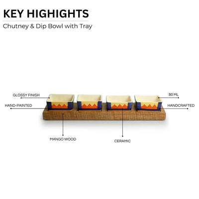'Geometric Landscape' Hand-Painted Ceramic Chutney & Dip Bowls With Wooden Tray (Set of 4, 80 ml)