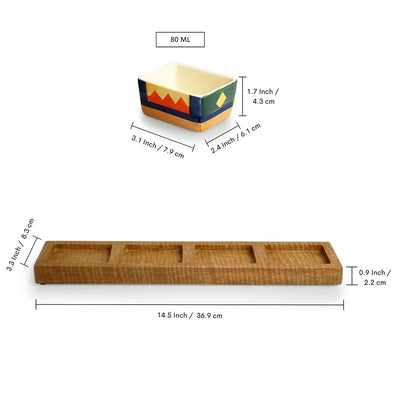 'Geometric Landscape' Hand-Painted Ceramic Chutney & Dip Bowls With Wooden Tray (Set of 4, 80 ml)