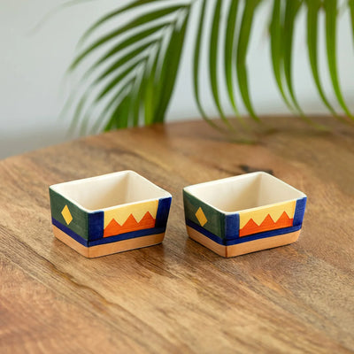 'Geometric Landscape' Hand-Painted Ceramic Chutney & Dip Bowls (Set of 2, 80 ml, Microwave Safe)