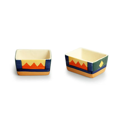 'Geometric Landscape' Hand-Painted Ceramic Chutney & Dip Bowls (Set of 2, 80 ml, Microwave Safe)