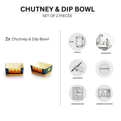 'Geometric Landscape' Hand-Painted Ceramic Chutney & Dip Bowls (Set of 2, 80 ml, Microwave Safe)