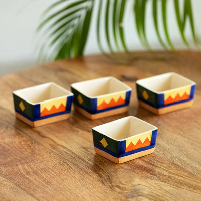 'Geometric Landscape' Hand-Painted Ceramic Chutney & Dip Bowls (Set of 4, 80 ml, Microwave Safe)