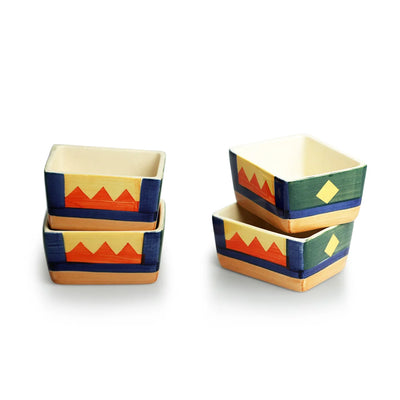 'Geometric Landscape' Hand-Painted Ceramic Chutney & Dip Bowls (Set of 4, 80 ml, Microwave Safe)