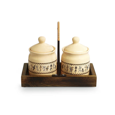 'Art Of Warli' Multi-Purpose Ceramic Pickle & Chutney Jar Set With Wooden Tray (Non Air-Tight, Set Of 2, 280 ml, Handcrafted)