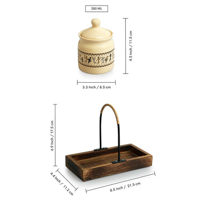 'Art Of Warli' Multi-Purpose Ceramic Pickle & Chutney Jar Set With Wooden Tray (Non Air-Tight, Set Of 2, 280 ml, Handcrafted)