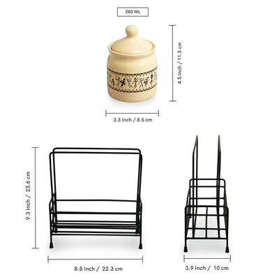 'Art Of Warli' Multi-Purpose Ceramic Pickle & Chutney Jar Set With Iron Caddy (Non Air-Tight, Set Of 2, 280 ml, Handcrafted)