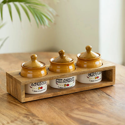 'Old Martaban' Multi-Purpose Ceramic Pickle & Chutney Jar Set With Wooden Holder (Non Air-Tight, Set Of 3, 280 ml, Handcrafted)