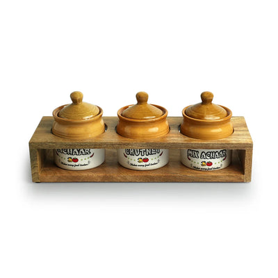 'Old Martaban' Multi-Purpose Ceramic Pickle & Chutney Jar Set With Wooden Holder (Non Air-Tight, Set Of 3, 280 ml, Handcrafted)