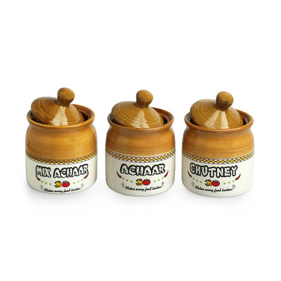 'Old Martaban' Multi-Purpose Ceramic Pickle & Chutney Jar Set With Wooden Holder (Non Air-Tight, Set Of 3, 280 ml, Handcrafted)