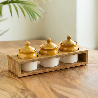 'Old Martaban' Multi-Purpose Ceramic Pickle & Chutney Jar Set With Wooden Holder (Non Air-Tight, Set Of 3, 280 ml, Hand Glazed)