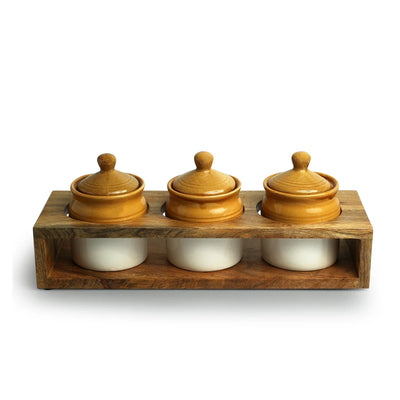 'Old Martaban' Multi-Purpose Ceramic Pickle & Chutney Jar Set With Wooden Holder (Non Air-Tight, Set Of 3, 280 ml, Hand Glazed)