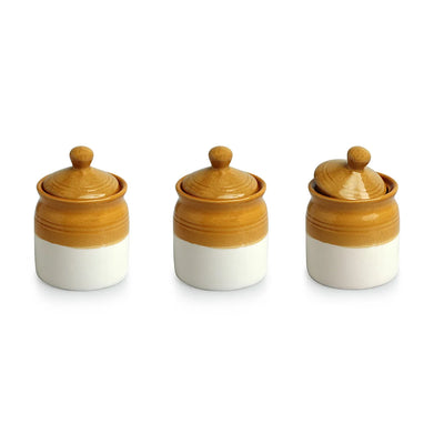 'Old Martaban' Multi-Purpose Ceramic Pickle & Chutney Jar Set With Wooden Holder (Non Air-Tight, Set Of 3, 280 ml, Hand Glazed)