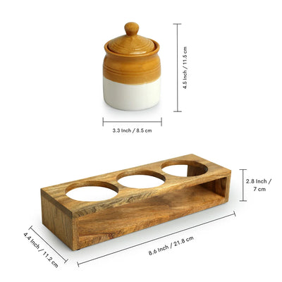 'Old Martaban' Multi-Purpose Ceramic Pickle & Chutney Jar Set With Wooden Holder (Non Air-Tight, Set Of 3, 280 ml, Hand Glazed)