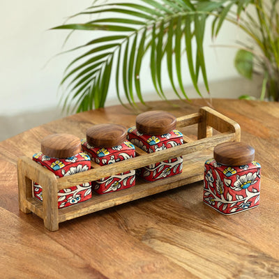 'Mughal Cuboidal' Multi-Purpose Storage Jars & Containers In Ceramic With Wooden Holder (Air-Tight, Set Of 4, 240 ml, Hand-Painted)