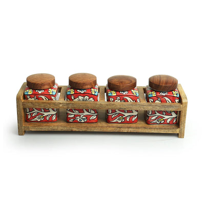 'Mughal Cuboidal' Multi-Purpose Storage Jars & Containers In Ceramic With Wooden Holder (Air-Tight, Set Of 4, 240 ml, Hand-Painted)