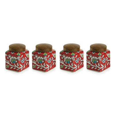 'Mughal Cuboidal' Multi-Purpose Storage Jars & Containers In Ceramic With Wooden Holder (Air-Tight, Set Of 4, 240 ml, Hand-Painted)
