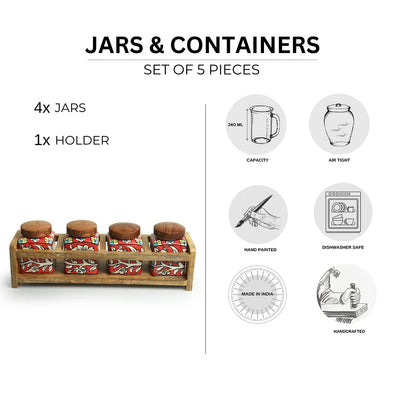 'Mughal Cuboidal' Multi-Purpose Storage Jars & Containers In Ceramic With Wooden Holder (Air-Tight, Set Of 4, 240 ml, Hand-Painted)