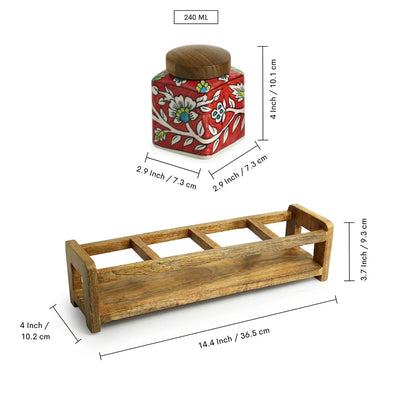 'Mughal Cuboidal' Multi-Purpose Storage Jars & Containers In Ceramic With Wooden Holder (Air-Tight, Set Of 4, 240 ml, Hand-Painted)