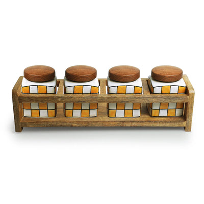 'Shatranj Checkered' Multi-Purpose Storage Jars & Containers In Ceramic With Wooden Holder (Air-Tight, Set Of 4, 240 ml, Hand-Painted)