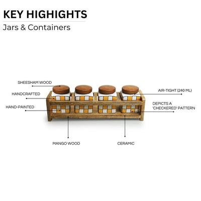 'Shatranj Checkered' Multi-Purpose Storage Jars & Containers In Ceramic With Wooden Holder (Air-Tight, Set Of 4, 240 ml, Hand-Painted)
