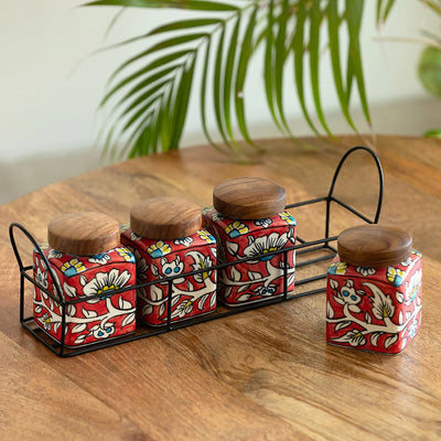 'Mughal Cuboidal' Multi-Purpose Storage Jars & Containers In Ceramic With Iron Holder (Air-Tight, Set Of 4, 240 ml, Hand-Painted)